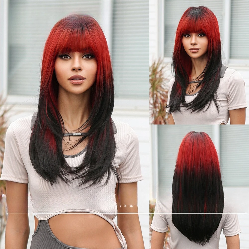 

Cos wig, lady Qi bangs black gradual change red long hair micro curl natural chemical fiber headgear