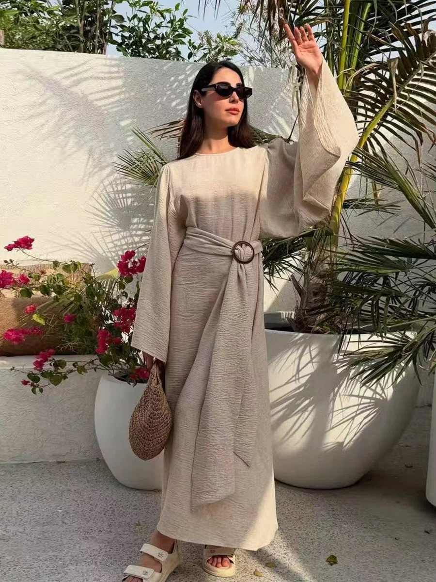 

Мусульманские женщины Ближний Восток Повседневное Дубай Абая Длинное платье Скромный однотонный Рамадан Кафтан молитвенный халат Femme musulmane Исламская одежда