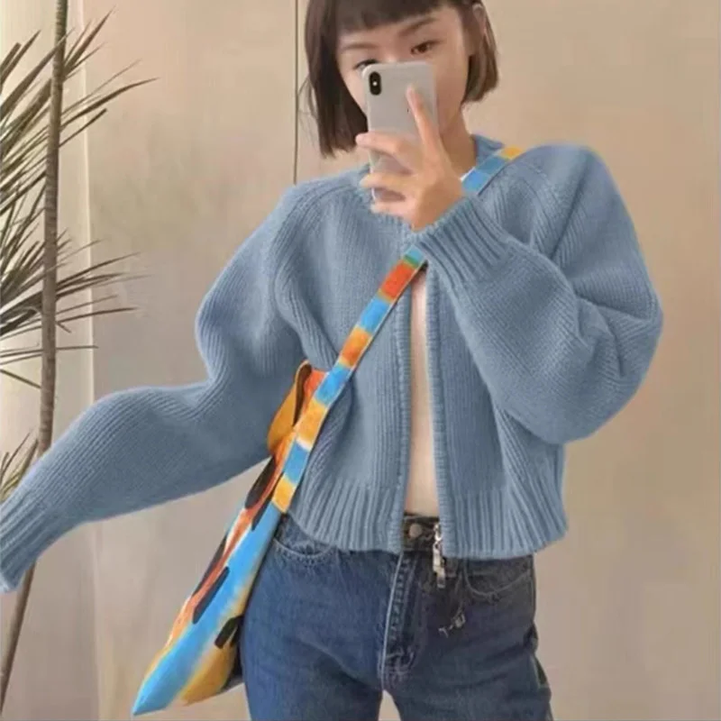 Grijze vesten met rits voor dames herfst winter ronde hals gebreide trui jassen vrouw effen crop vesten met lange mouwen vrouwelijk