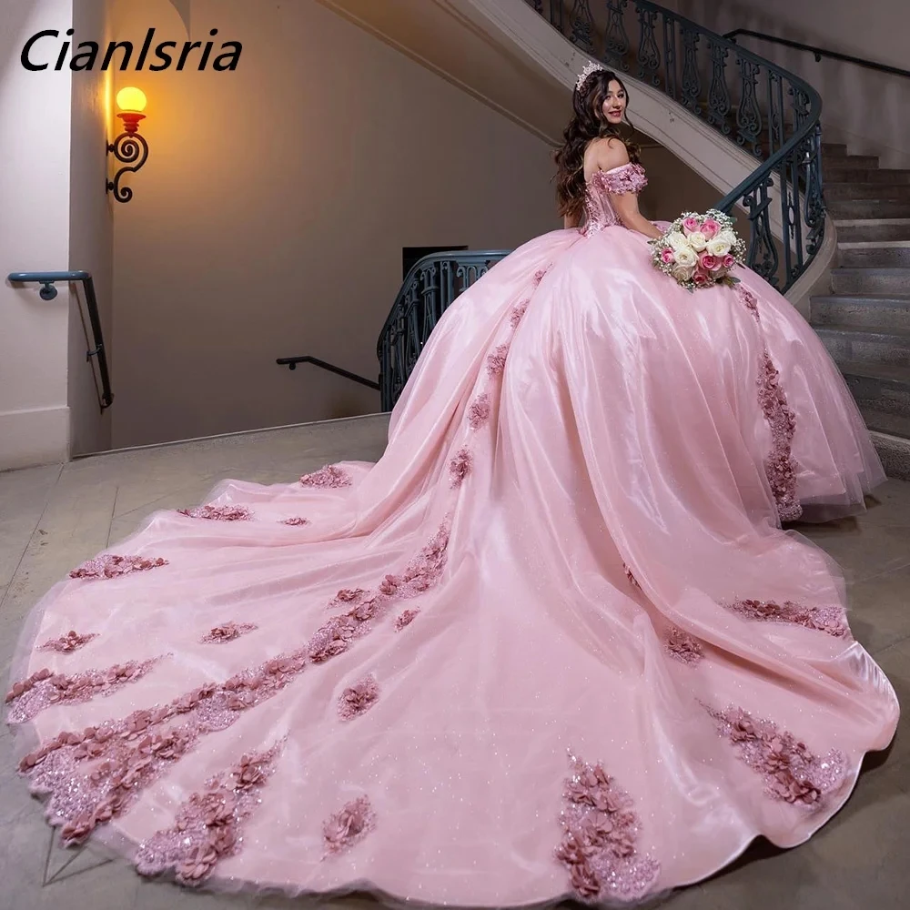 

Pink 3D Flowers Organza Ball Gown Quinceanera Dresses Off The Shoulder Appliques Lace Corset Vestidos De 15 Años