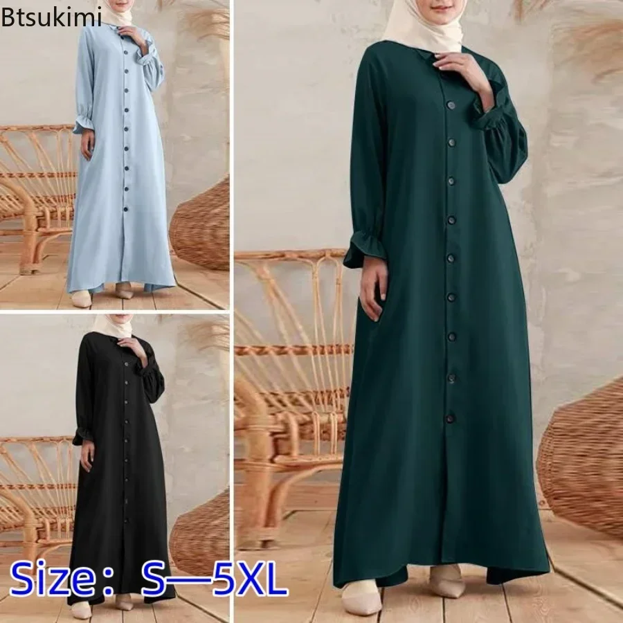 

New 2025 Women's Muslim Vintage Dress Solid Muslim Women Abaya Shirt Collar Single Breasted Casual Islam Robe Saudi Arabia Femme