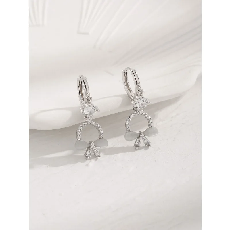 

InsS925 Silver Simple Bow Stud Earrings Fashionable Light Luxury New Diamond Jewelry