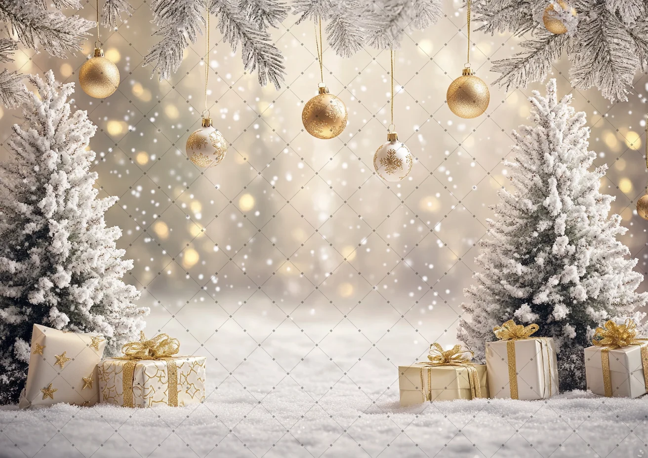 Snowy Forest Christmas Photography Backdrop Pine Tree Hanging Gold Bauble Warm Light White Gift Box Winter Shoot Background