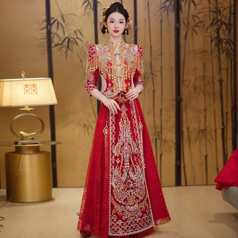 New Chinese-style dragon and phoenix gown dress for toasting wedding going out