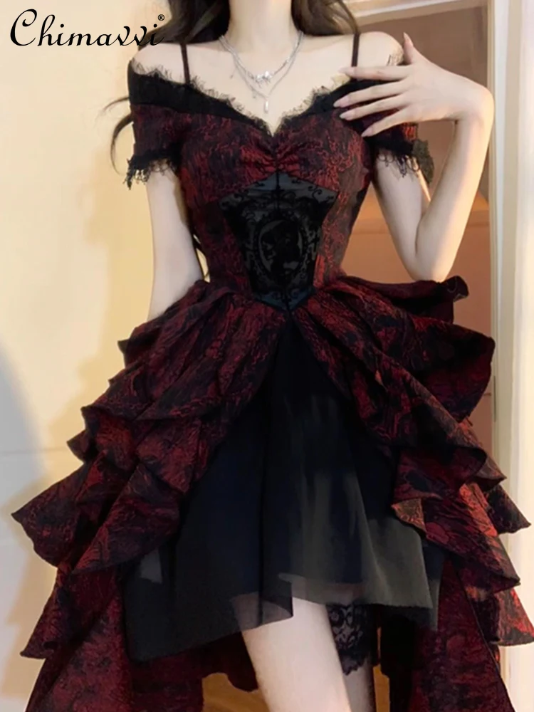 Gothic Lolita Abito ondulato jacquard nero e rosso Primavera Estate Nuovo abito da principessa soffice cosplay con spalle scoperte di lusso leggero e pesante