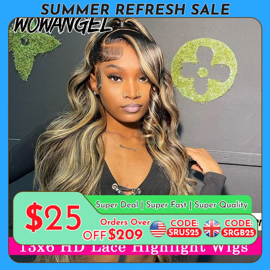 

Wow Angel 1B27 Ombre Highlight Colored 250% Human Hair Lace Frontal Wigs Body Wave 13x6 HD Lace Front Pre Plucked Wigs For Woman