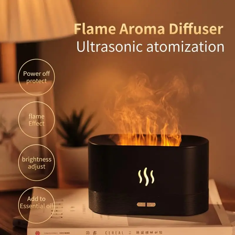 Aroma Difusor Umidificador de ar, Ultrasonic Frio Névoa Atomizador, LED Simulação Óleo Essencial, sete Cor Chama Lâmpada, Quarto