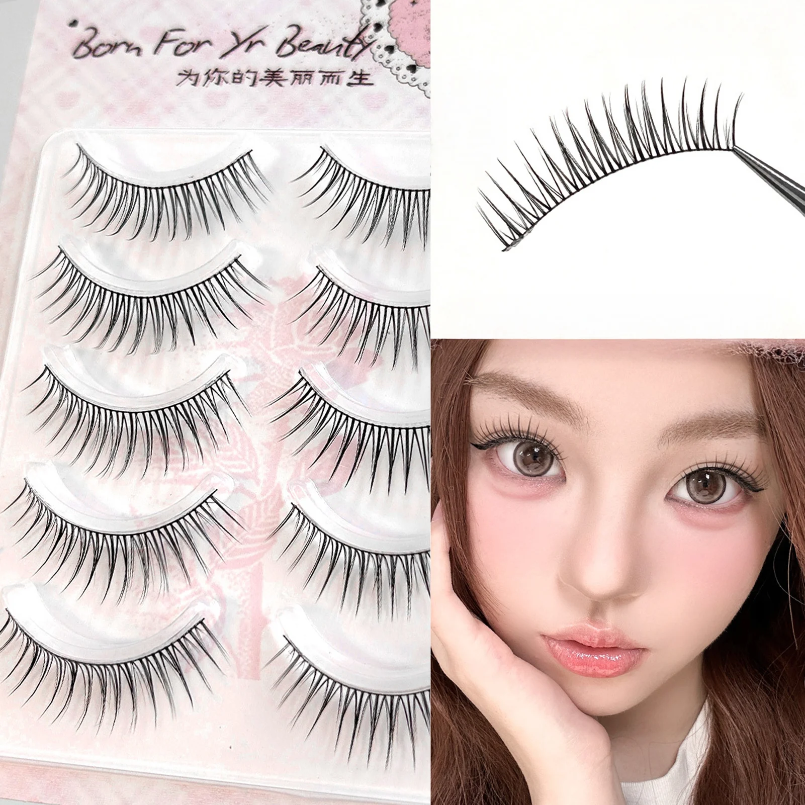 5 pares de cílios postiços estilo coreano, volume natural, faixa preta fina, 7-13mm, comprimento misto, curva c, cílios fofos