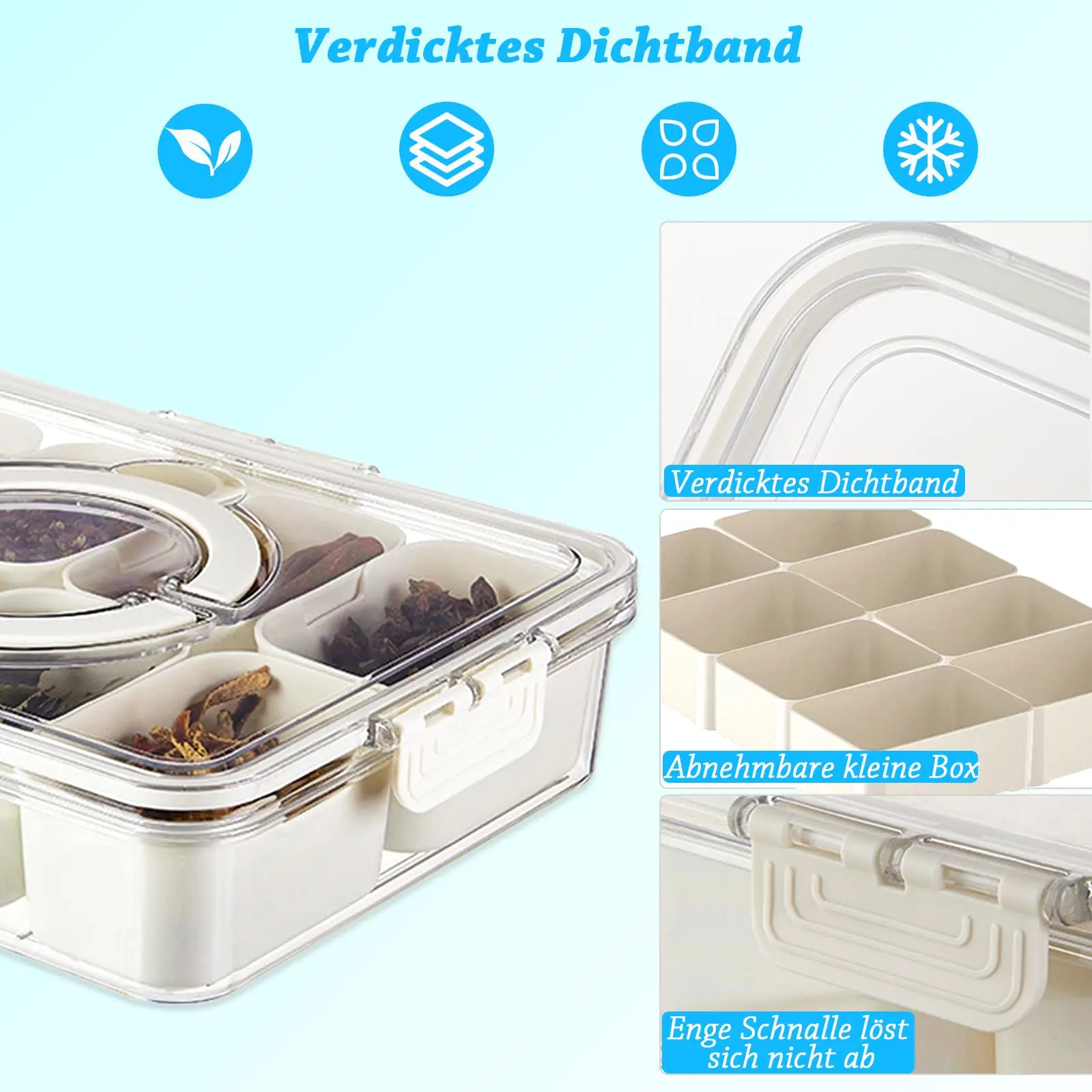 Snackle Box Container Lid With 8 Compartment Portable Divided Serving Tray with Lid for Sweets Vegetables Biscuits Nuts