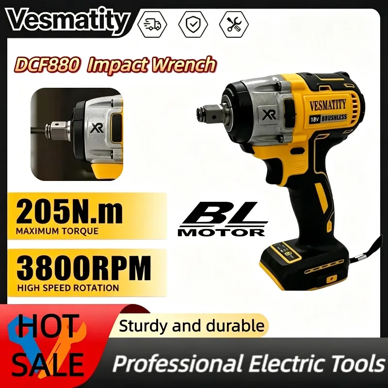 DCF880 Brushless Impact Wrench 3300RPM High Torque Cordless Electric Wrench Tire Repair Tool For Dewalt Battery