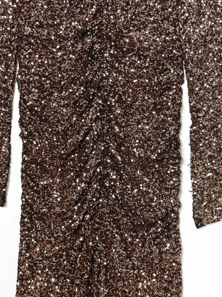 NLZGMSJ 2026 春 スパンコール セクシー パーティー ロングドレス レディース Vネック 長袖 スリム プリーツ ハイ スリット ドレス レディース イブニングドレス