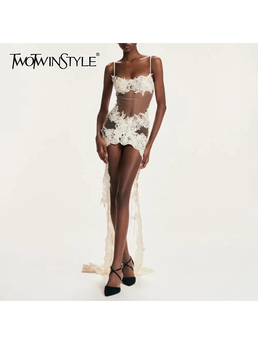 

TWOTWINSTYLE Fashion Spliced Appliques Irregular Dress for Women Square Neck Sleeveless Patchwork Ribbons Sexy Dresses Female