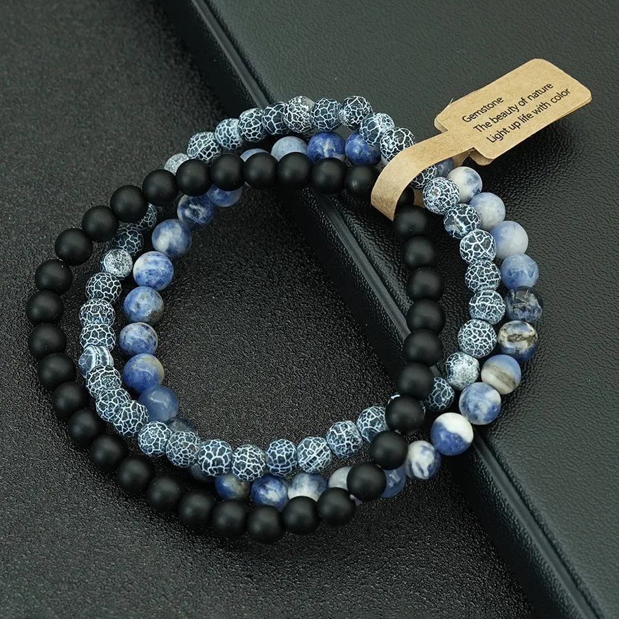 Noter 3-teiliges Herren-Armband-Set, 6 mm, Sodalith, Obsidian, Lavastein, Strang-Armband, Energieheilung, Meditationsschmuck, vielseitig einsetzbar, 2 Größen – Detail 6
