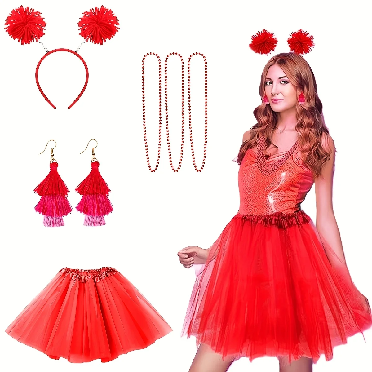 مجموعة أزياء السيدات في الثمانينات، بلاستيك، غير كهربائي، توتو، عصابة رأس، قلادة، قلادة من الخرز، إكسسوار الحفلات مع ديكور حفلات السيدات