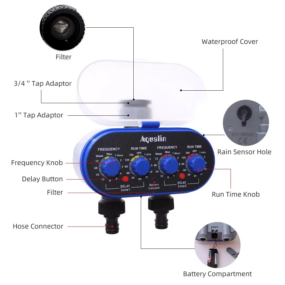 Two Outlet Four Dials Updated Water Timer with Rain Sensor Hole Garden Irrigation System with Delay Function for Garden, Yard