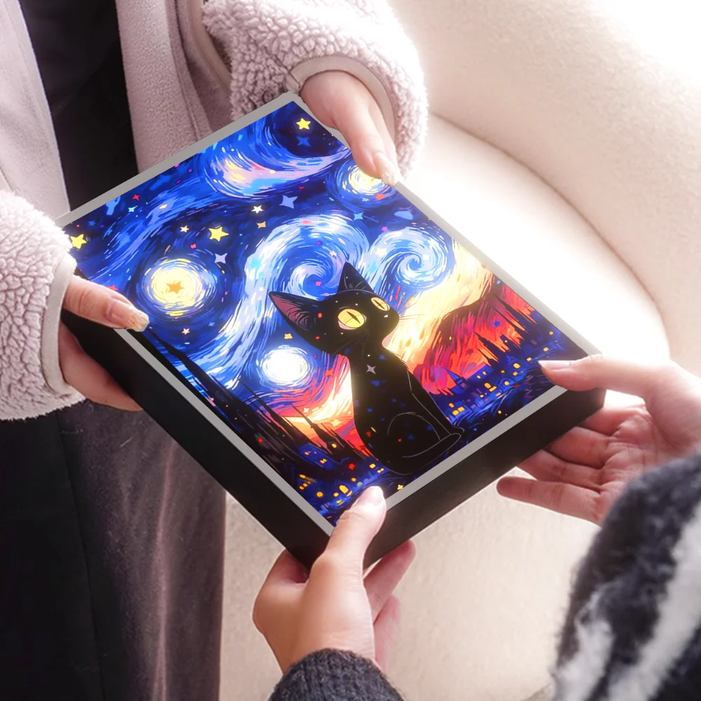 Van Gogh starry night light kitten,romantic art home decoration photo frame luminous painting,USB dimming cute table lamp gift