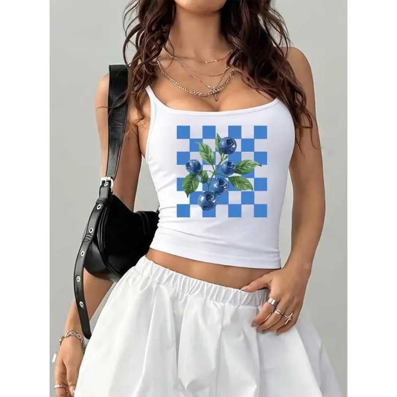 Women Blue Plaid Blueberry Branch Print Soft Camisole Fresh Fruit Graphic Sleeveless Vest Casual Summer Daily Street Outfit