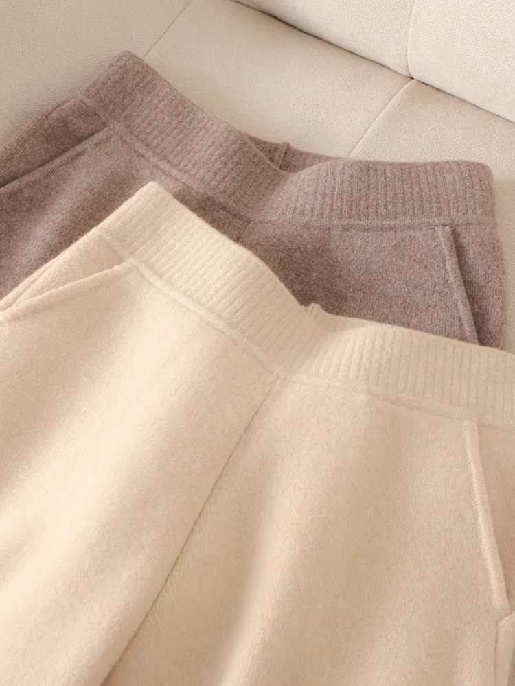 Autumn Winter Women's Pencil Pants 100% Merino Wool Pants Knit Wide Leg Basic Thick Warm Cashmere Trousers Elastic Casual Pants