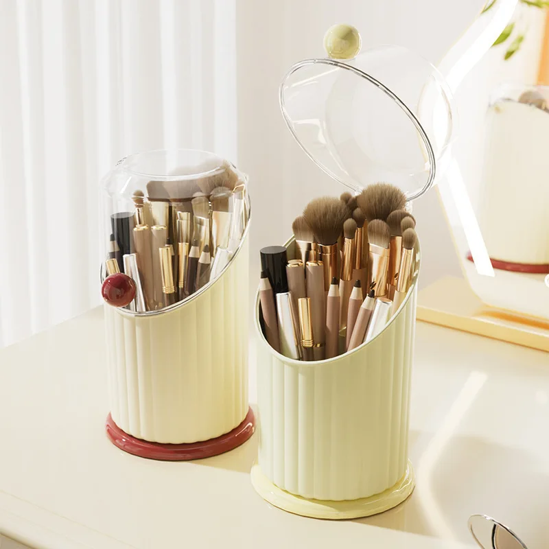 1pcs Thick Drop Resistant Plastic Makeup Brush Container Dust Cover With Red Knob Large Capacity Vanity Cosmetic Tool Storage