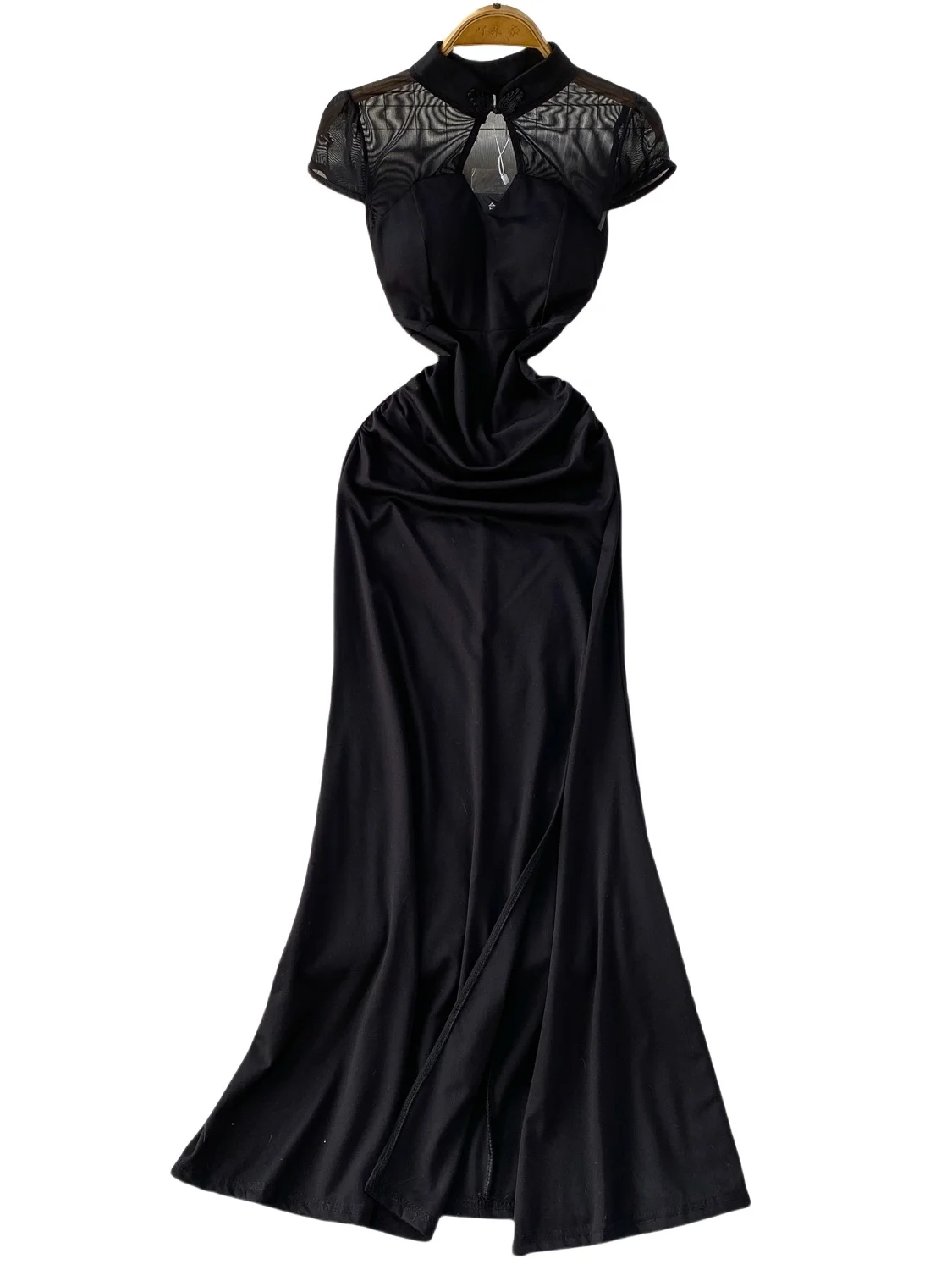 Retro Chinese Sle Sexy See-tough Me Splice Stand Collar Dr Women's Summer Pleated Waist-cinching Ele Long Dr