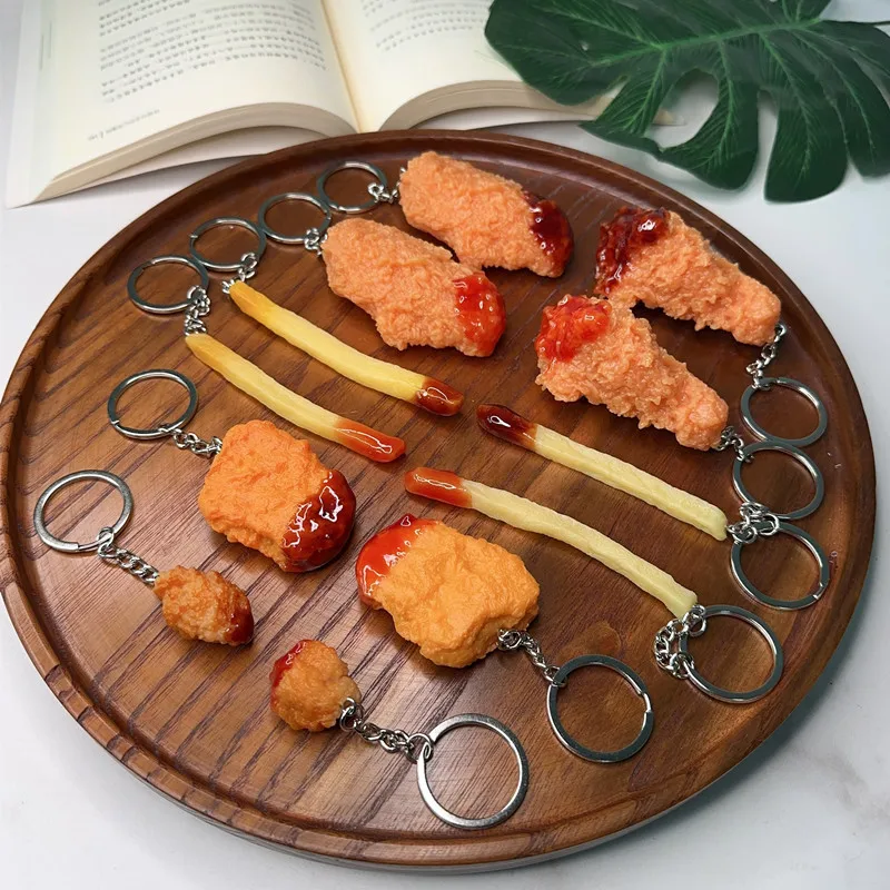 Realistic PVC Fried Chicken Keychain Waterproof Fake Food Bag Charm Funny Sauce Dipped Nugget Key Ring Gift For Fast Food Lovers