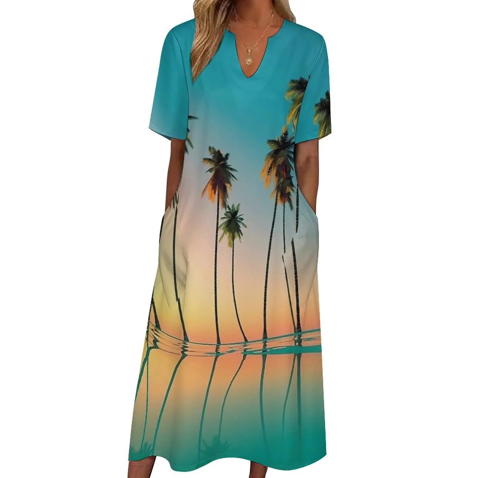 Tropical Sunset Palm Trees Print Dress  Vintage Maxi Dress Street Wear Boho Beach Long Dresses Woman V Neck Big Size Clothes