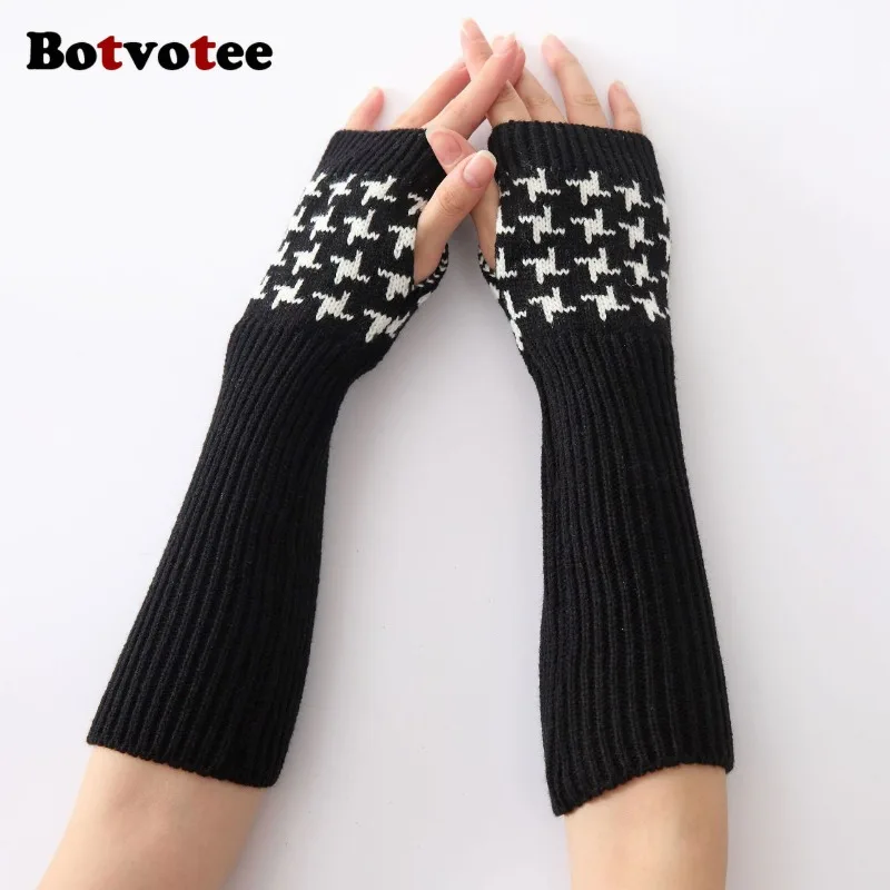 Botvotee الأكمام للنساء Y2k اكسسوارات أصابع قفازات مدفئات للذراع متماسكة شتاء دافئ houndstooth طويل الأيدي الحرة قفازات