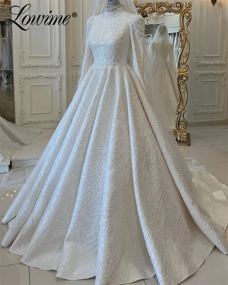 Lowime 2024 Pearls Wedding Dresses For Bride Muslim High Neckline Full Sleeves Beading Sequined Custom Made Vestidos De Novia