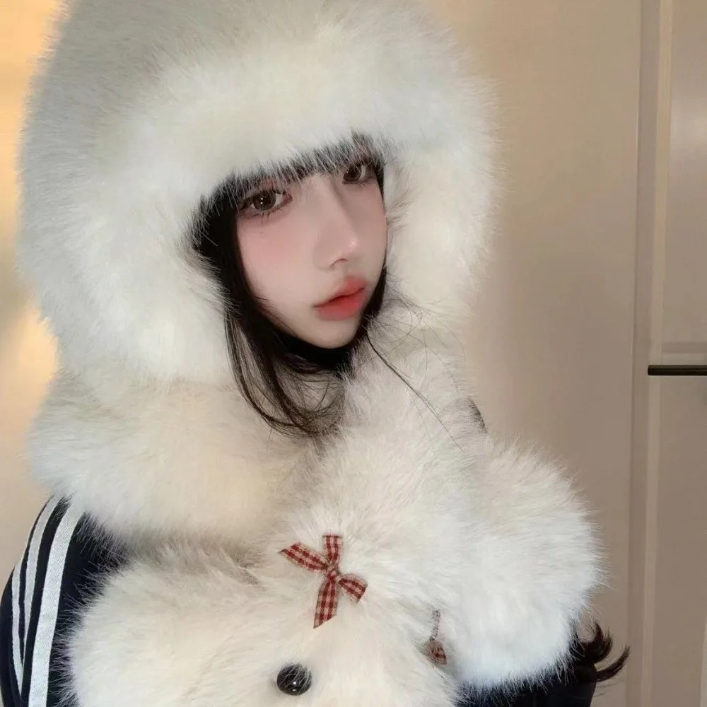 New Fluffy Fur Hat Scarf Set Warm Windproof Pullover Cap Coldproof Cute Dog Beanie Hat Outdoor Sports