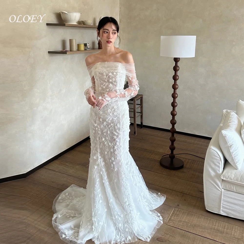 

OLOEY 2026 Long Sleeve Wedding Dress For Women Mermaid Lace Strapless Bride Dress Vestido De Noiva Customized