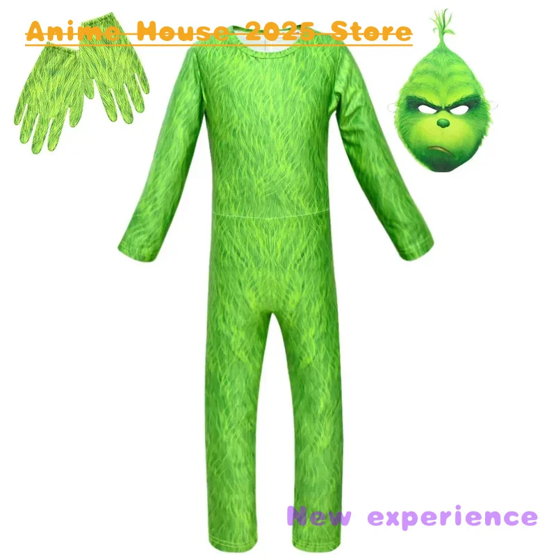 2025 Anime costume Kids Anime Cartoon Monster Green Santa Jumpsuit Mask Gloves Set Outfit for Boys Christmas Halloween Cosplay C