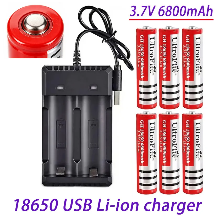 100% New  Rechargable Battery 18650 3.7 V 6800mAh Battery for LED Lantern torch+USB Charger