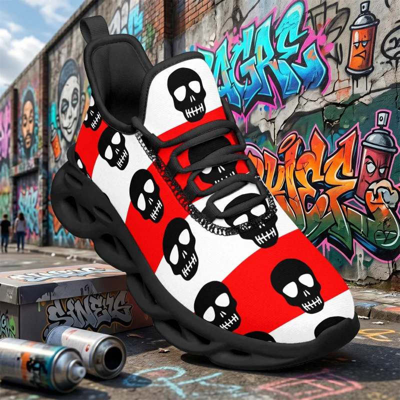 Ladies Men's Wide-Fit Casual Sports Shoes，Suitable for daily commuting and gym wear——Hand-drawn black skull and checkerboard pri