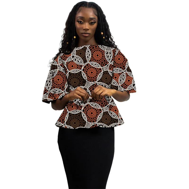 

Colorful Print African Couture Women's Tops Flare Sleeved Original Design Collarless Blouse Tailored Party Wear