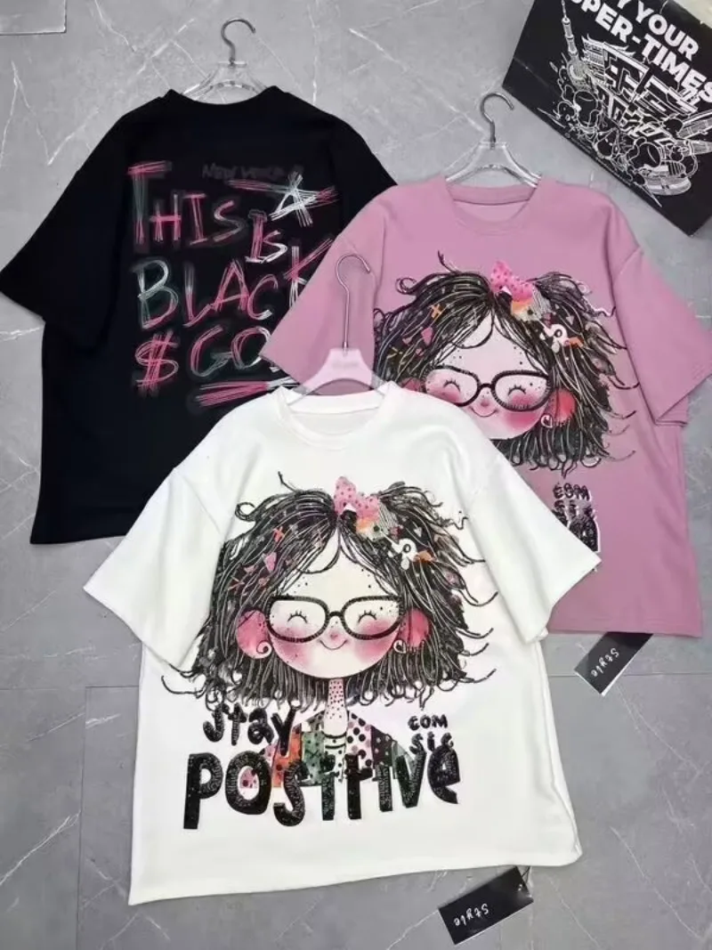 

Oversized T Shirt American Retro Graffiti Cartoon Girl Print Short Sleeved Women T Shirt Loose Vintage Tops Aesthetic Clothes