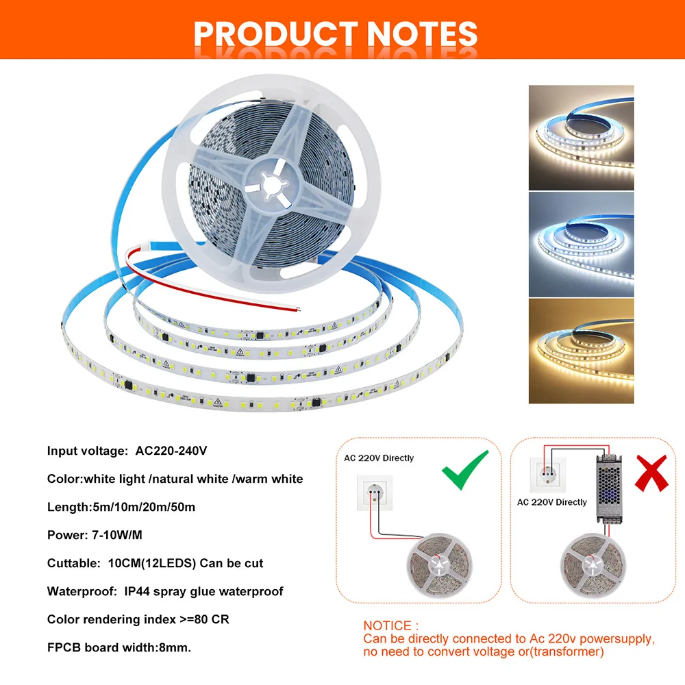 Imagem -02 - Impermeável Led Strip Light Fita Flexível Lâmpada Decoração Home Cores Ip44 220v 230v Smd 2835 120 5m 10m 20m 50m