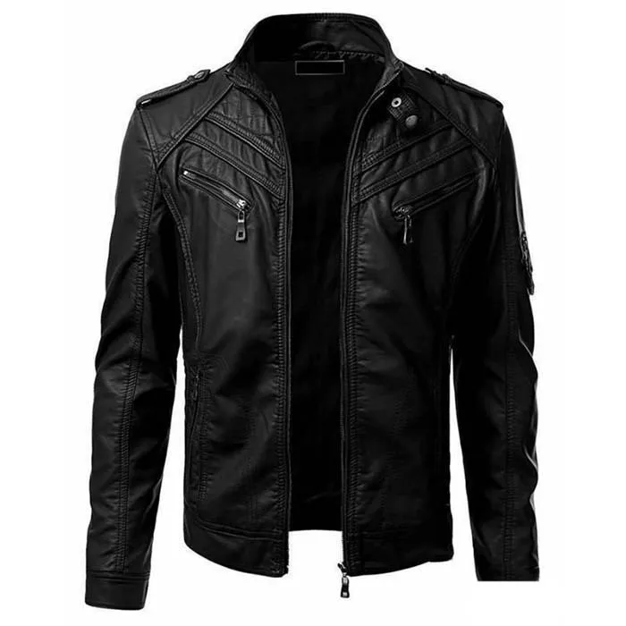 KIDWHXR Man Leather Jacket Motorcycle Punk Stand Collar Male Coat Fashion Simple Long Sleeve Zipper Casual Men Outerwear