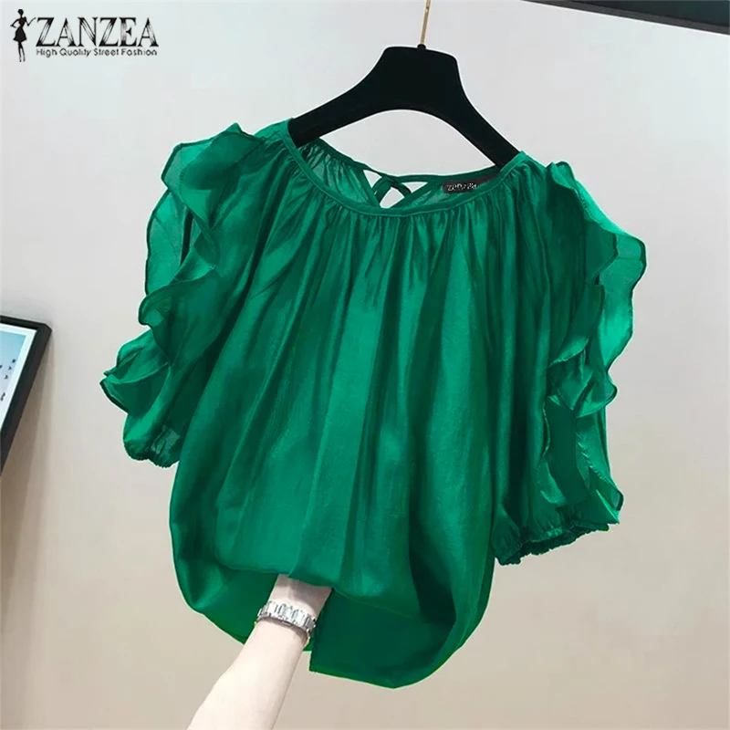 ZANZEA 2025 Summer Women Off Shoulder Blouse Fashion Ruffle Half Sleeve Tops Chic Back Straps Pleated Tunic Casual Loose Shirts
