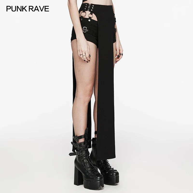 PUNK RAVE Women's Punk Cool Stretch Twill Shorts Suit with Removable Strap Sexy Personality Black Pantskirts Biker Skirts Women