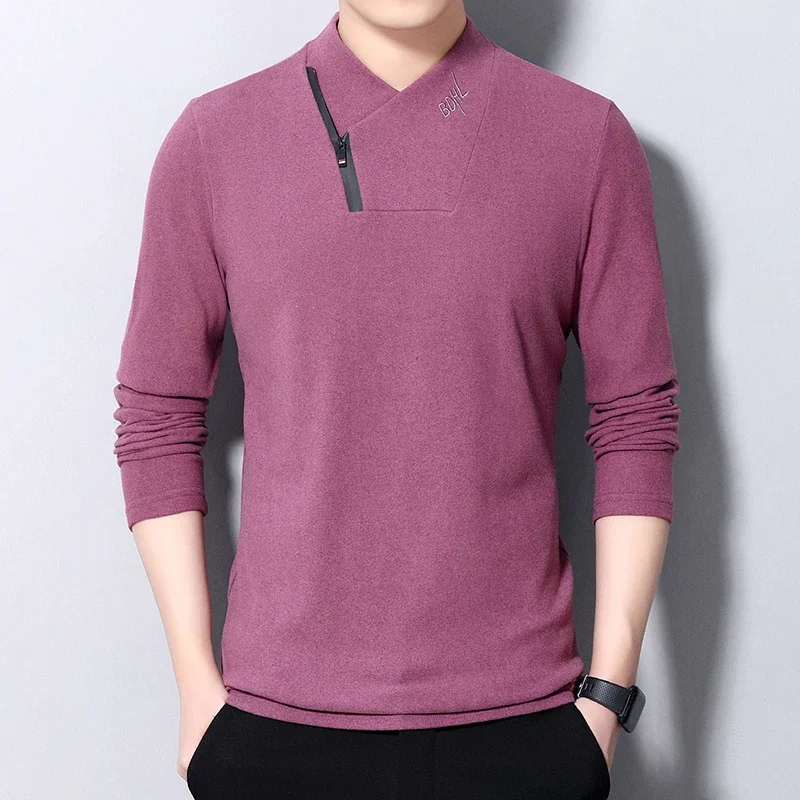 New Men\'s Casual Suede Long Sleeve Polo Shirt Fashion Solid Polo Top