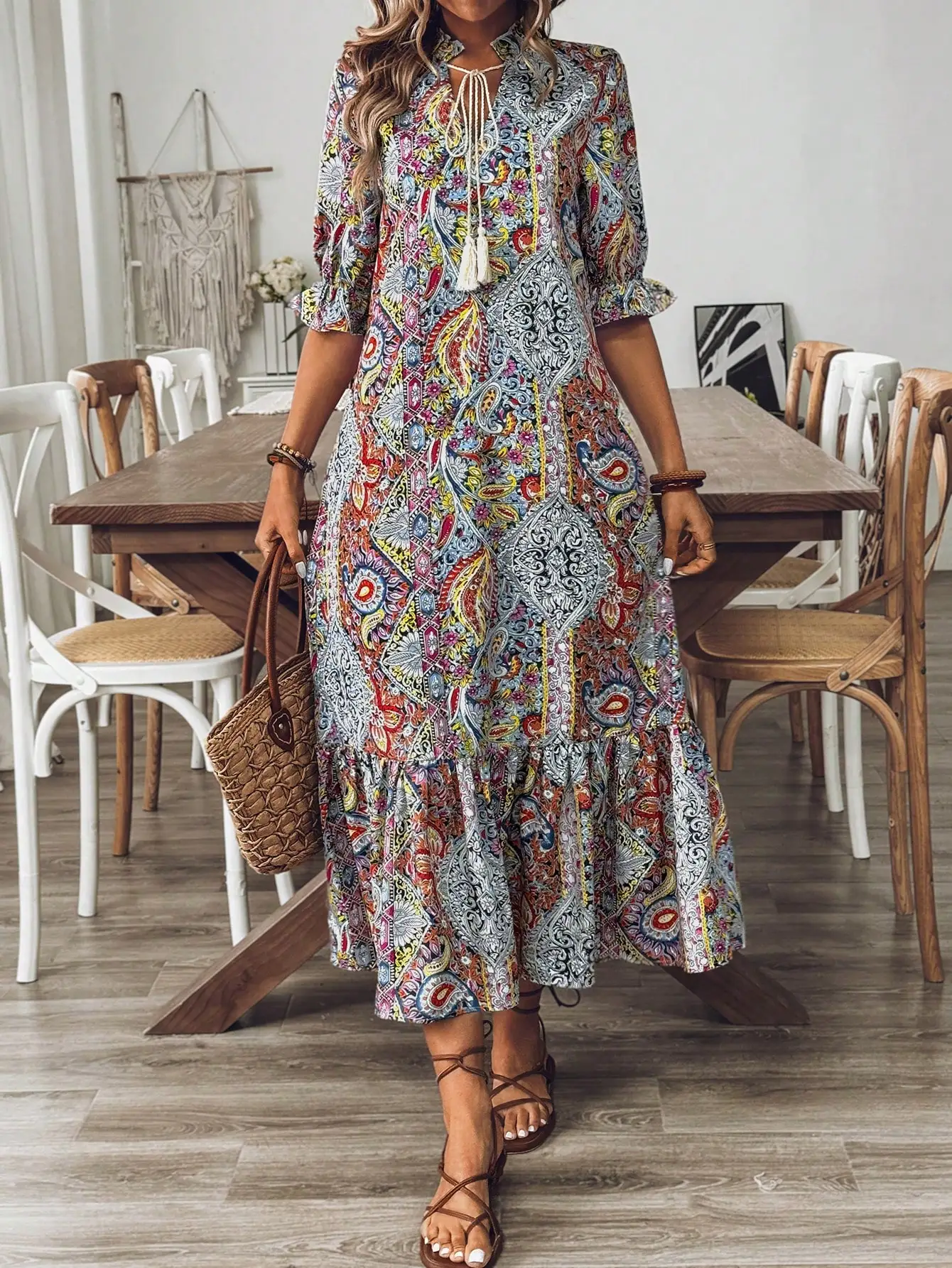 BWQ レディース ボヘミアンスタイル プリント ミッドスリーブドレス、レディース ボホ フリンジ、ラッフルヘム ハーフスリーブ タイネック ルーズ ロング マルチカラー