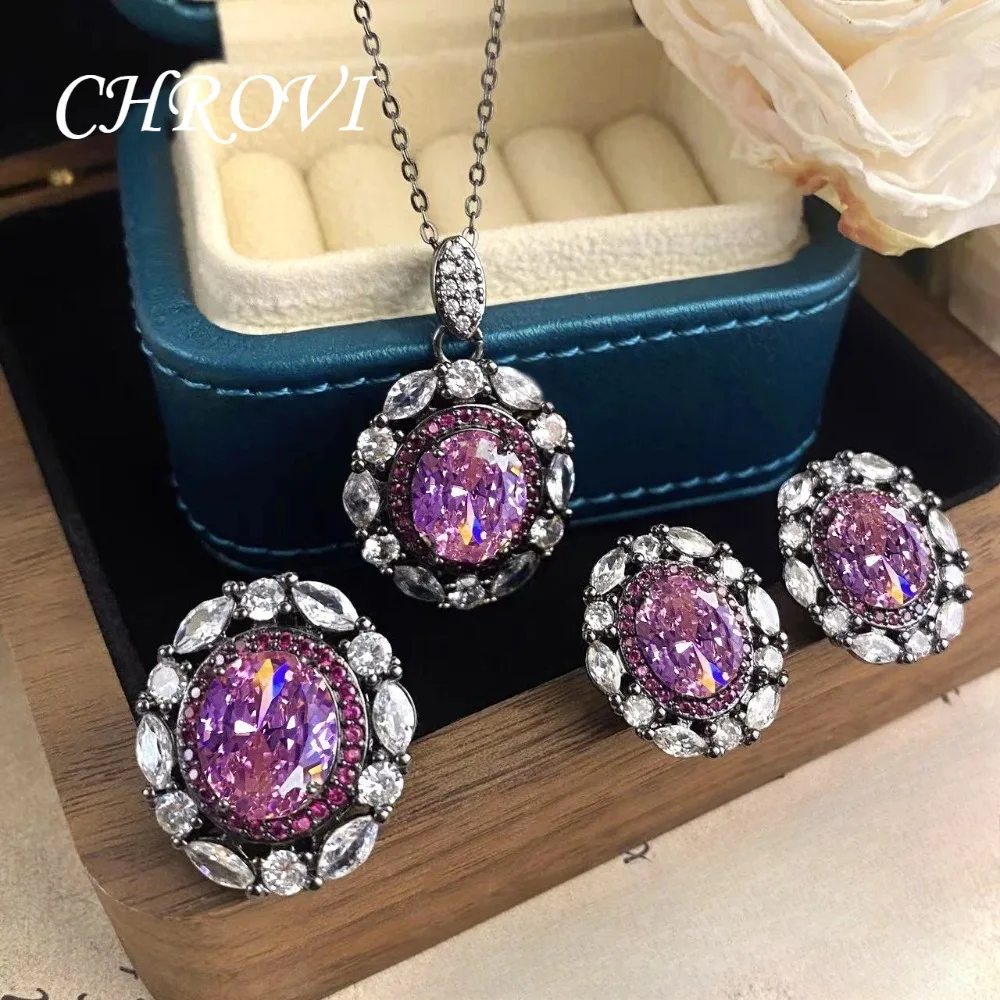 New 925 Sterling Silver Fashion Pendant Vintage High-End Dried Rose Pink Diamond Ice Flower Cut Ring Set for Women, jewelry set