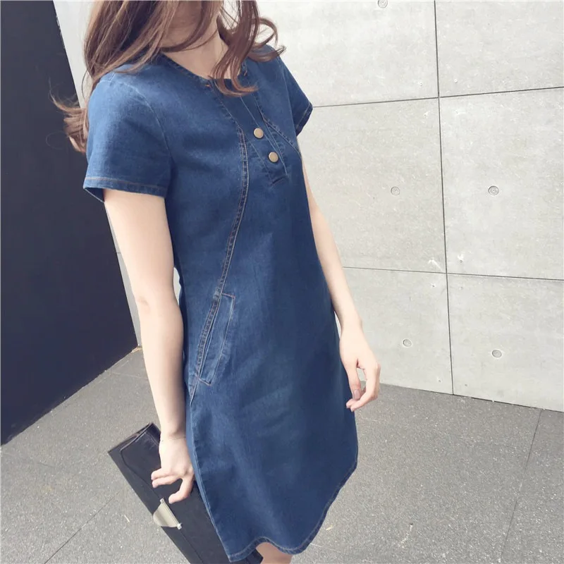 Slim Fit Mid-Length Blue Denim Dress Korean Style Casual Summer New Arrival plus Size Women's Dress Comfortable Cotton Blend