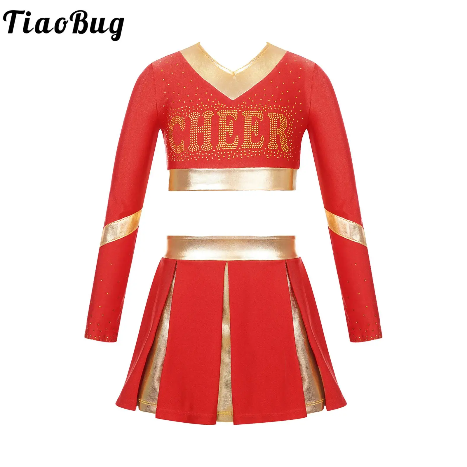 Kids Girls Cheerleading Dance Outfits Cheerleader Gymnastics Costume Rhinestone Letter Print Long Sleeve Crop Top with Skirt Set