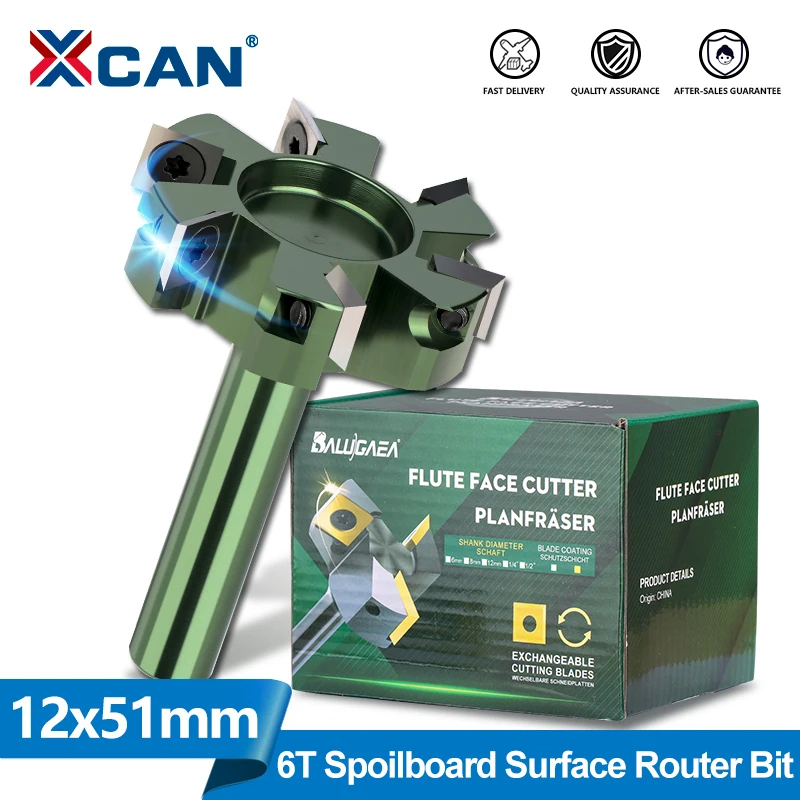 XCAN Holzhobel-Bit, Upgrade 12 mm Schaft, 6 Flügel, Spoilboard-Oberflächenfräser, Einsatzplatte, Abflachung, CNC-Holzfräser