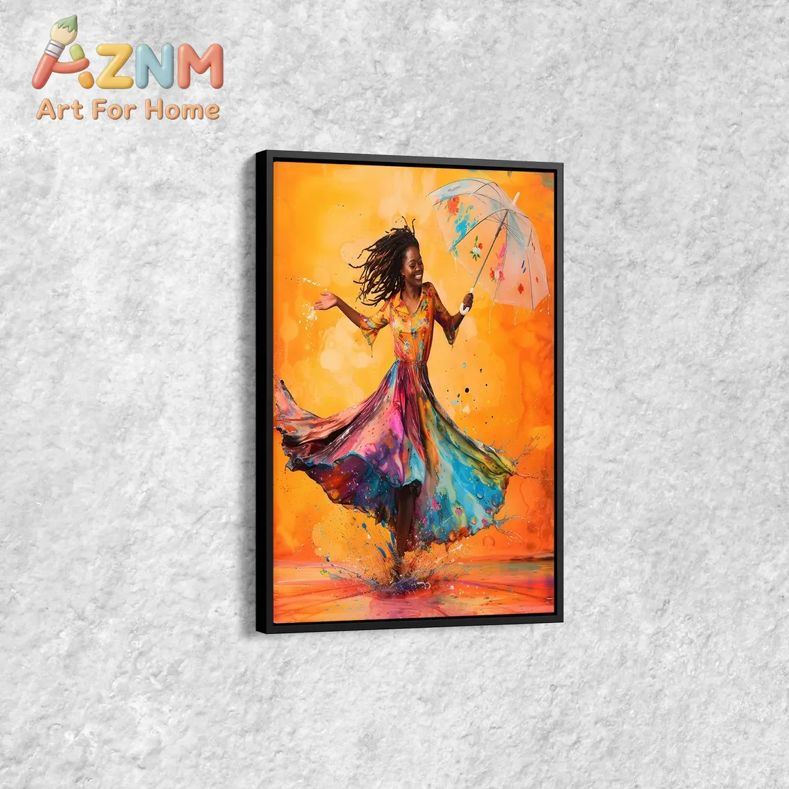 Colorful Joyful Woman Canvas Print, Vibrant Fashion Wall Art, Umbrella Dance Artwork, Modern Afro Beauty Decor