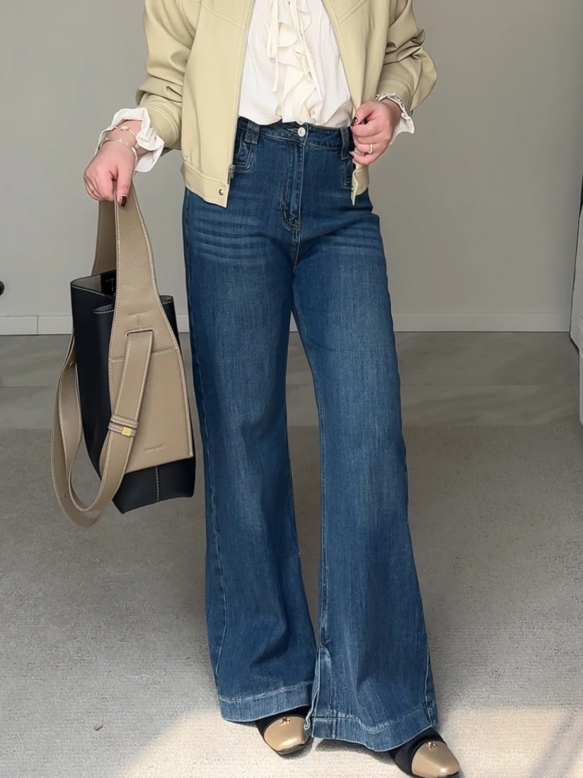 

Slimming High Waist Straight Leg Jeans Women's Korean Style Elastic Loose Fit Long Bell Bottoms Cotton Stretch Denim Pants