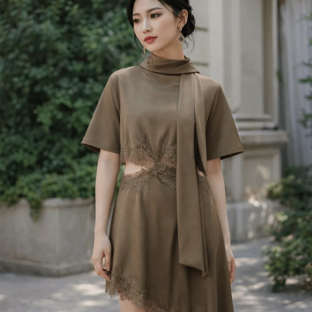 Robe élégante à manches courtes en dentelle et satin de soie, ajourée, pour femme, design asymétrique, coupe ajustée, jupe longue, style urbain
