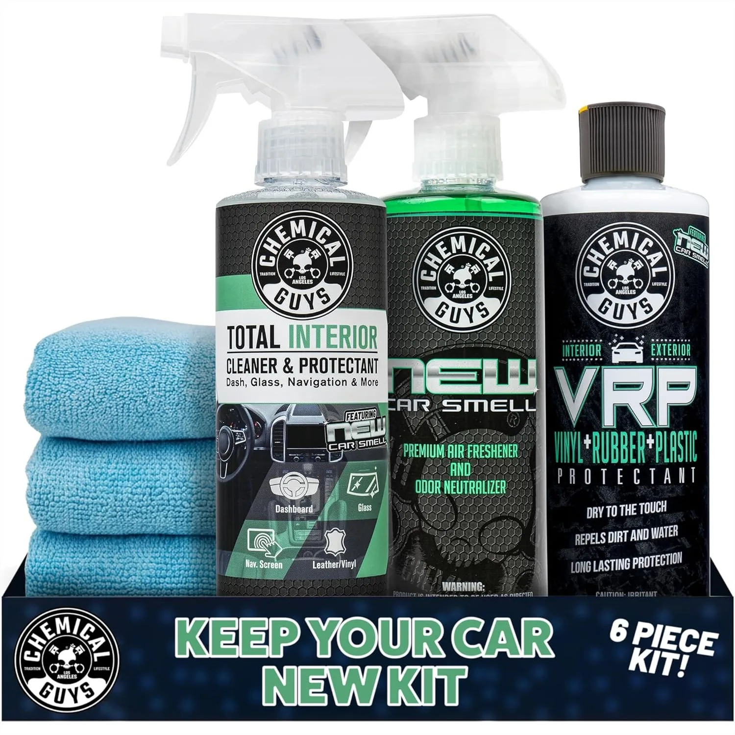 

6 Piece Car Detailing Kit With New Car Scent VRP Total Interior Air Freshener And 3 Detailing Towels For Interior Cleaning And Protection