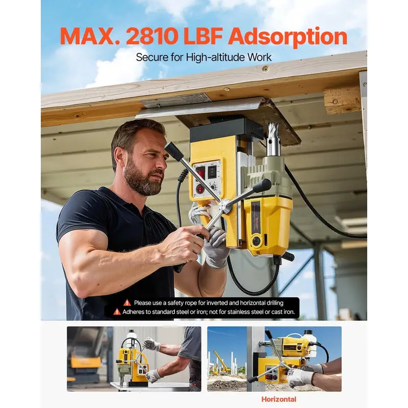 Perceuse magnétique, perceuse à noyaux, φ50 mm, 12500 N, perceuse magnétique portable avec 2 forets à noyaux, perceuse 850 tr/min pour surfaces métalliques, industrielle, bricolage, jaune